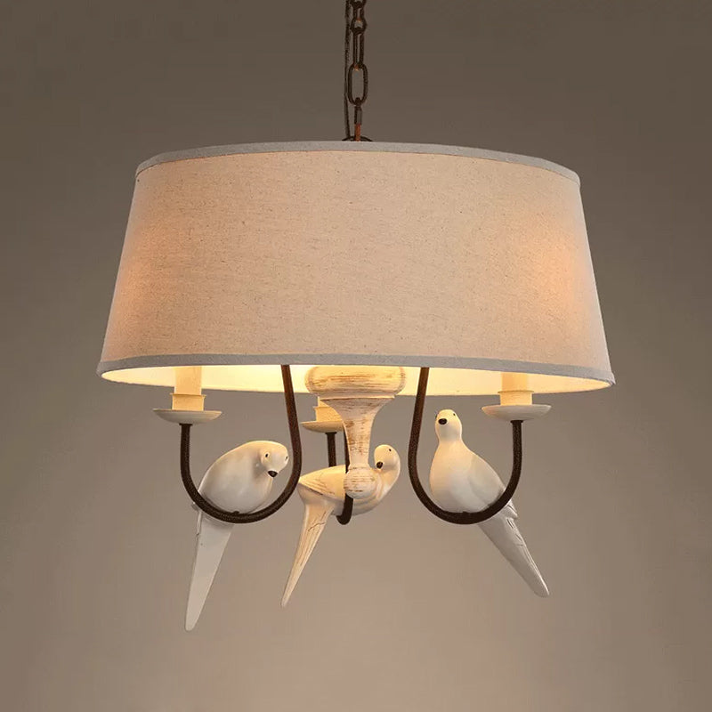 Fabric Beige Pendant Lamp Drum 3 Lights Vintage Chandelier Light Fixture for Bedroom with Bird
