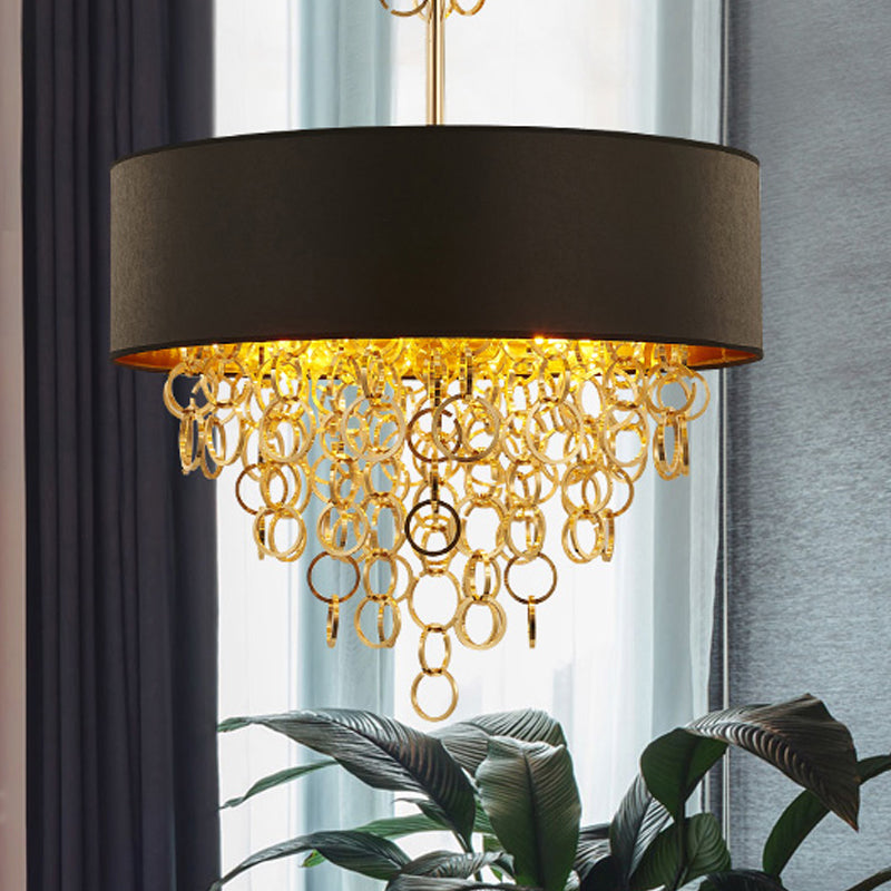 Lampaggio in tessuto cilindro illuminazione vintage 3 luci soggiorno illuminazione a sospensione in nero con anello dorato, largo 18 "/23,5"