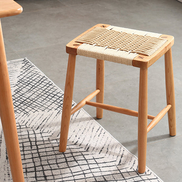 Modern Armless Backless Counter Stool Wood Bedroom Bar Stool with Rattan Cushion