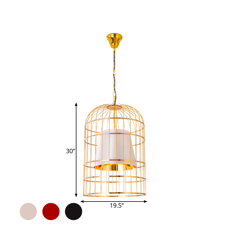Black/White Bird Cage Ceiling Light Minimalistic Metal 1 Light Dining Room Pendant with Inner Cone Shade, 12"/16"/19.5" Wide