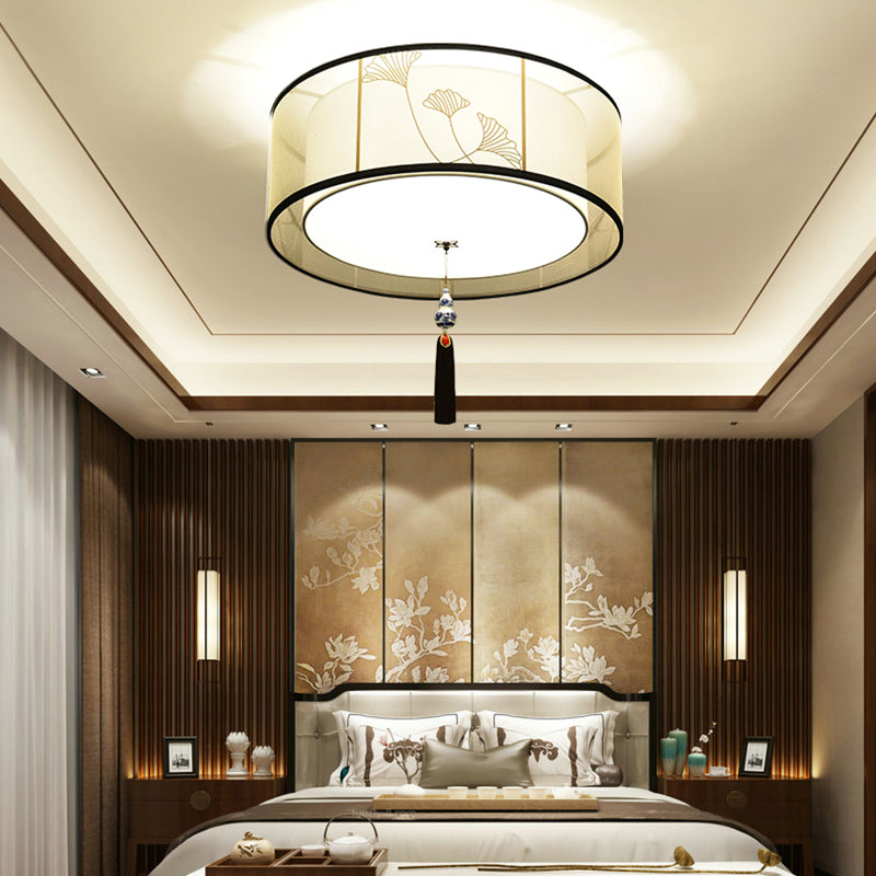 New Chinese Ceiling Light Geometry Shape Ceiling Lamp with Fabric Shade for Bedroom