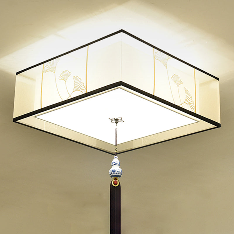 New Chinese Ceiling Light Geometry Shape Ceiling Lamp with Fabric Shade for Bedroom