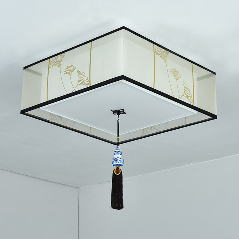 New Chinese Ceiling Light Geometry Shape Ceiling Lamp with Fabric Shade for Bedroom