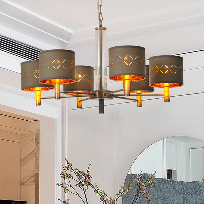 6/8 Bulbs Ceiling Lamp with Drum Fabric Shade Traditional Bedroom Chandelier Pendant Light in Brown