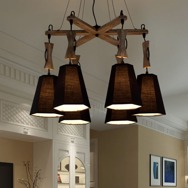 Lampadella in tessuto affusolato Luce tradizionale a 6 luci da soggiorno illuminazione a sospensione in bianco/nero/lino