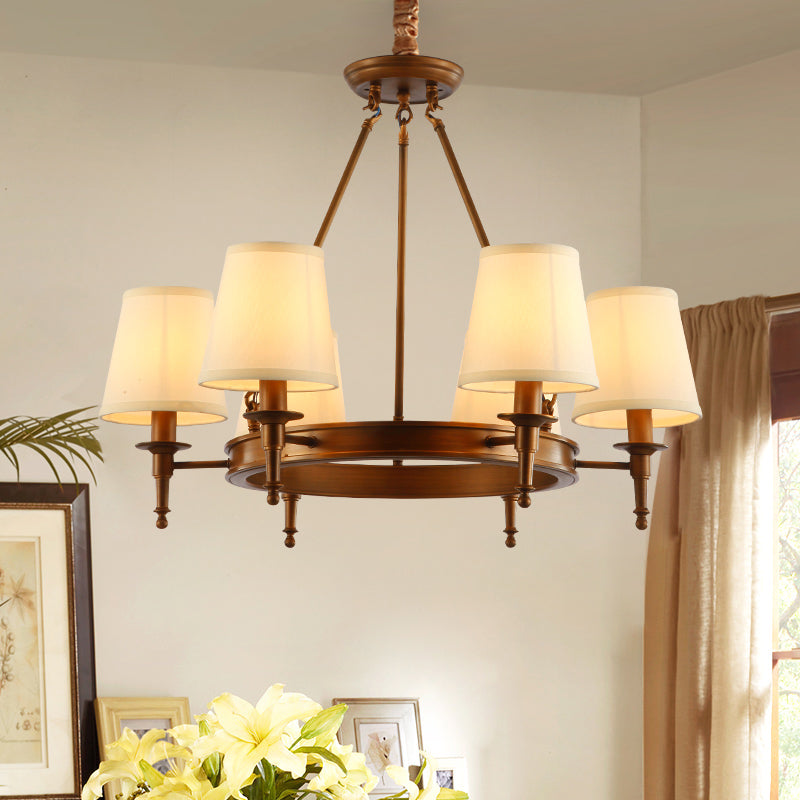 Conical Living Room Ceiling Chandelier Classic Fabric 3/6/8 Lights Antique Brass Hanging Fixture