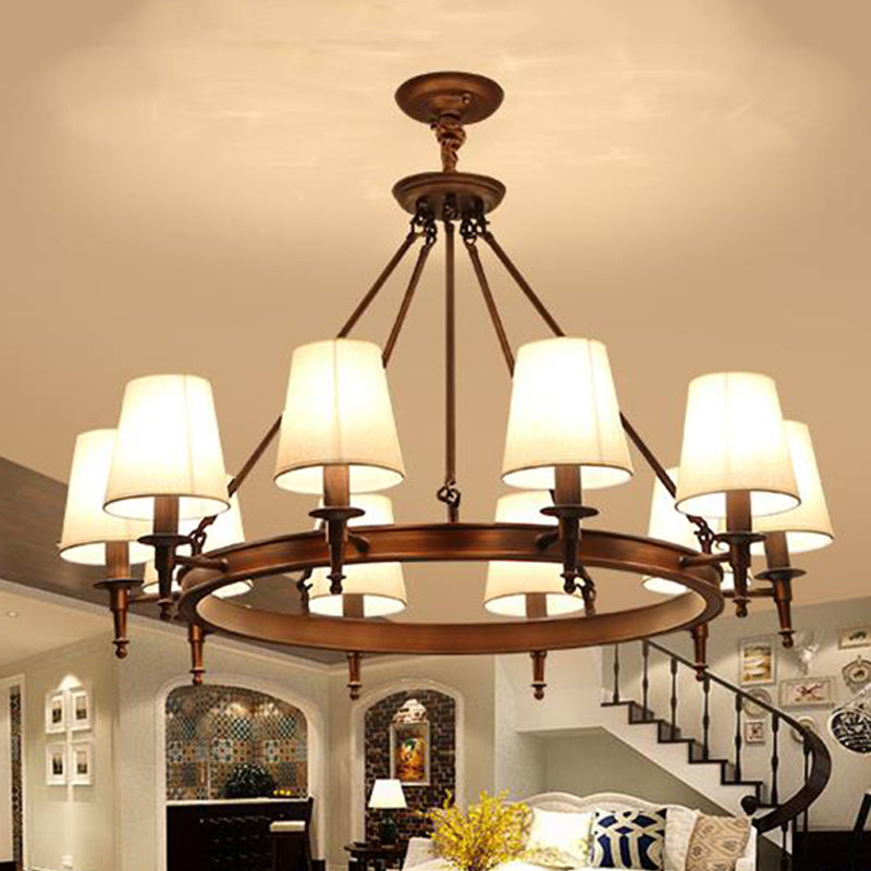 Conical Living Room Ceiling Chandelier Classic Fabric 3/6/8 Lights Antique Brass Hanging Fixture