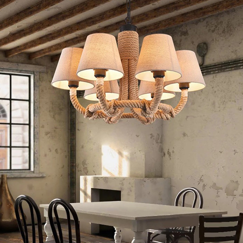 Beige 6 Lights Pendant Chandelier Classic Fabric and Rope Tapered Hanging Light for Dining Room