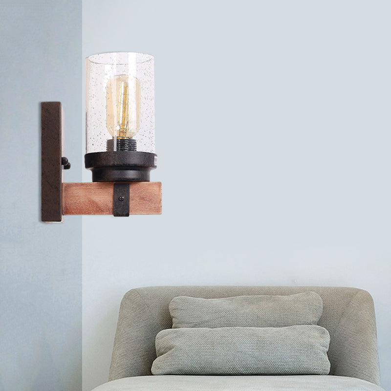 1/2/3 Light Wall Vanity Light with Cylinder Clear Seeded Glass Shade Classic Bathroom Sconce Lighting Fixture in Black