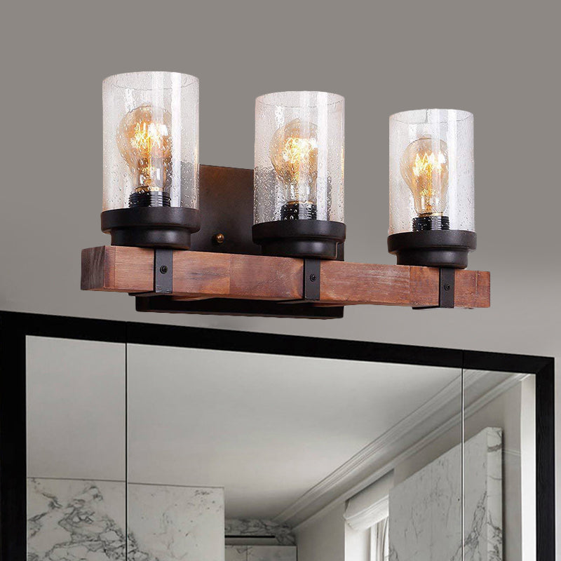 1/2/3 Light Wall Vanity Light with Cylinder Clear Seeded Glass Shade Classic Bathroom Sconce Lighting Fixture in Black
