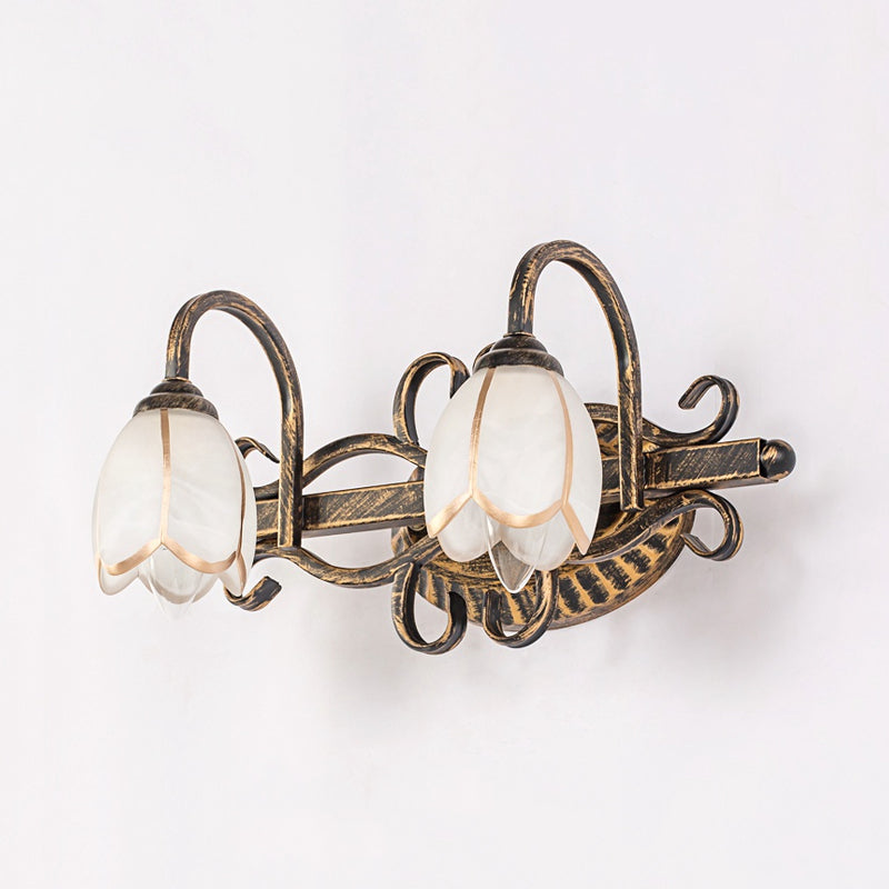 2/3 Lights Frosted Glass Vanity Light Fixture Traditional Antique Brass Flower Shape Bathroom Lighting Fixture