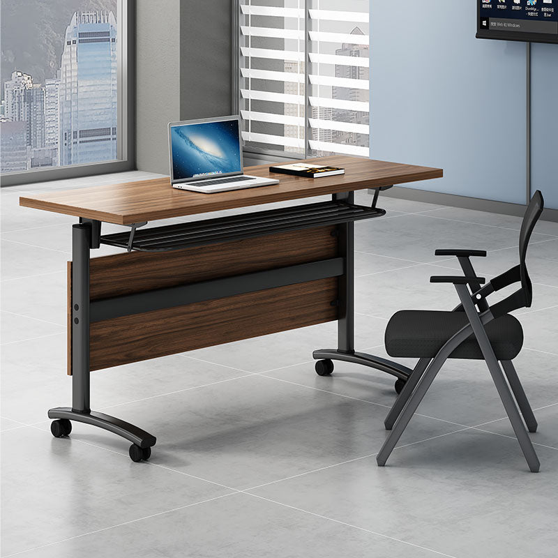 Modern Folding Office Desk Brown Movable Task Desk with Wheels for Meeting Room