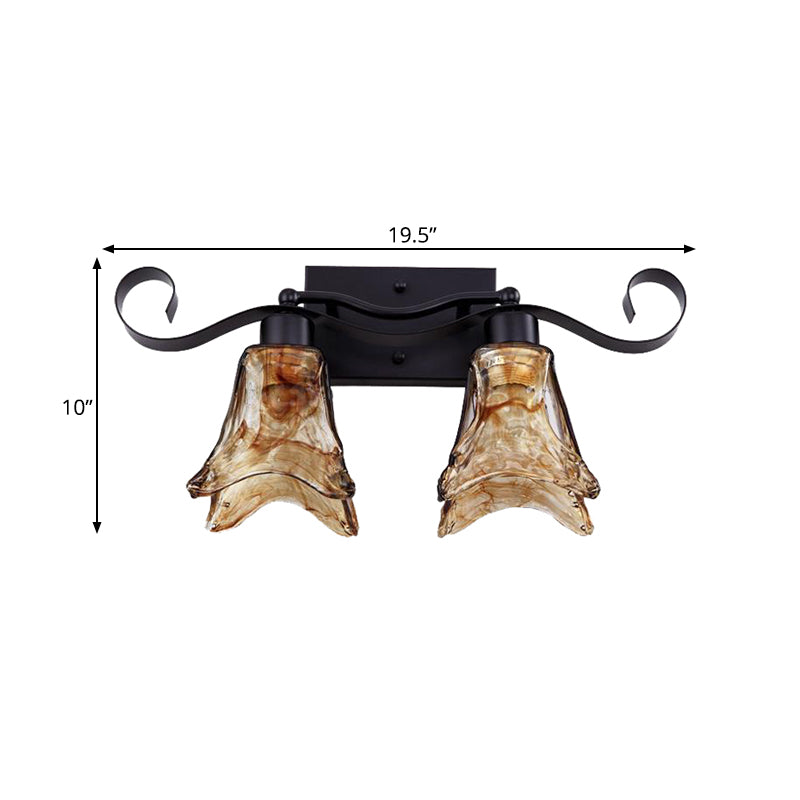 Tan Textured Glass Flower Shape Vanity Lighting Classic 2/3 Lights Bathroom Wall Mounted Lamp in Black