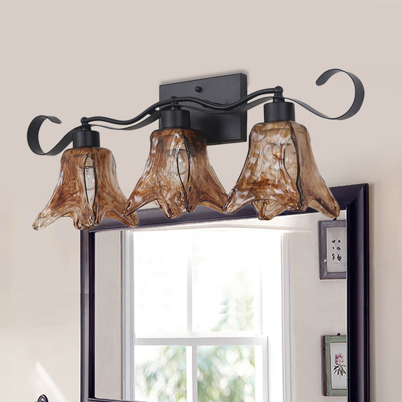 Tan Textured Glass Flower Shape Vanity Lighting Classic 2/3 Lights Bathroom Wall Mounted Lamp in Black