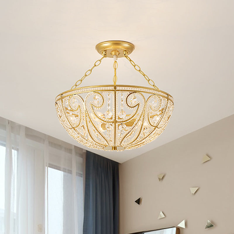 Schüsselform Schlafzimmer Flush Mount Lampe Kristall 1 Licht zeitgenössische Halbmontagebeleuchtung in Gold