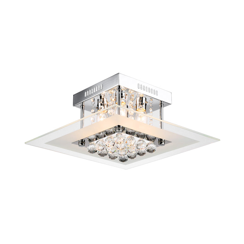 Square Crystal Flush Mount Modern Style 4-Light Chrome Finish Bedroom Ceiling Lamp