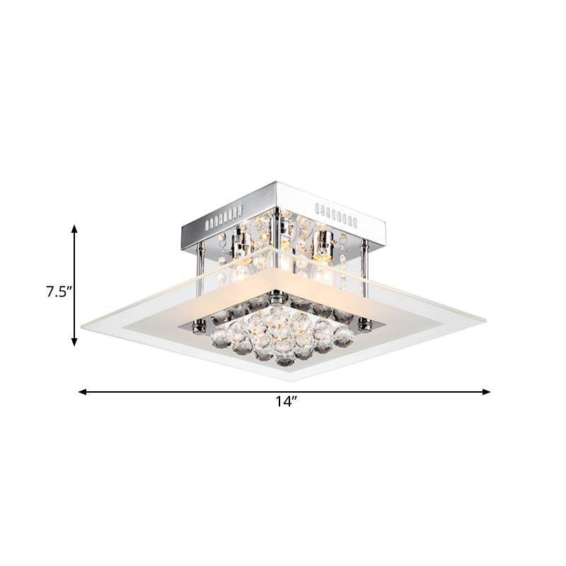 Square Crystal Flush Mount Modern Style 4-Light Chrome Finish Bedroom Ceiling Lamp