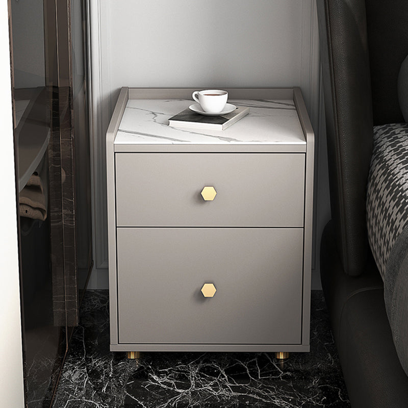 Glam Stone Top Bed Nightstand 2-Drawer Imitation Wood Legs Included Night Table