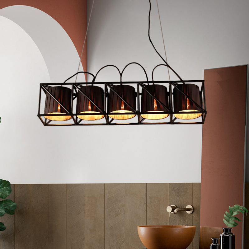 5-Light Barrel Island Lighting Traditional Black Fabric Suspension Pendant for Restaurant
