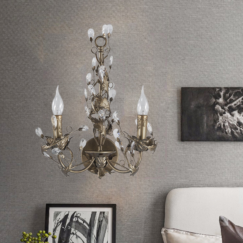 Metal Rust Wall Light Fixture Candelabra 2 Lights Vintage Sconce Light with Crystal Accent