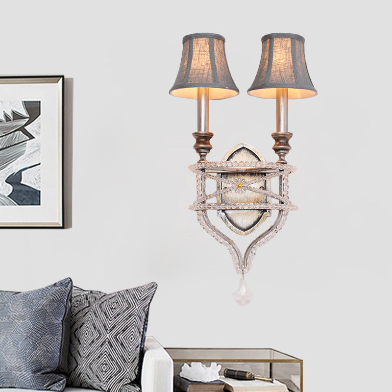 2 Lights Empire Shade Wall Light Vintage Gold/Silver Fabric Sconce Light with Crystal Accent