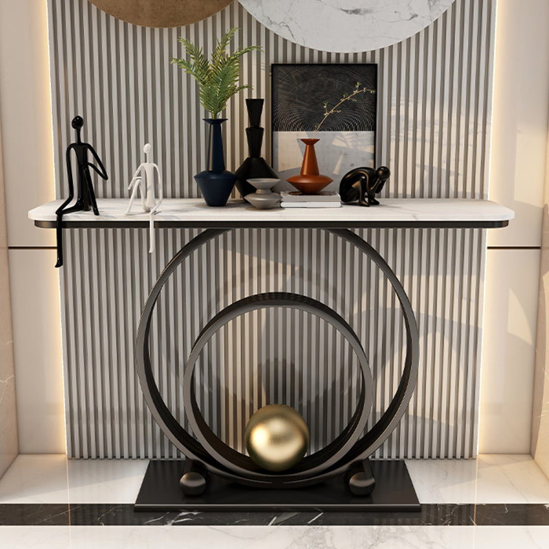 Glam Style Rectangle Top Accent Table with Stone Top and Irone Base for Hall