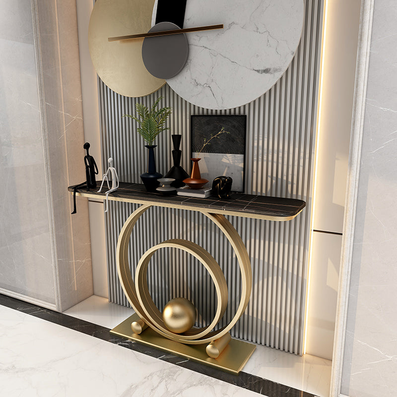 Glam Style Rectangle Top Accent Table with Stone Top and Irone Base for Hall