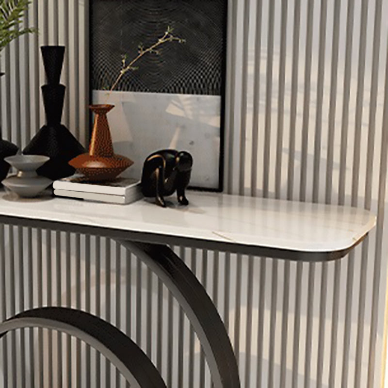 Glam Style Rectangle Top Accent Table with Stone Top and Irone Base for Hall