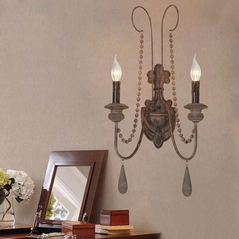2 Lights Wood Sconce Light Fixture Vintage Grey Candelabra Bedroom Wall Mounted Light