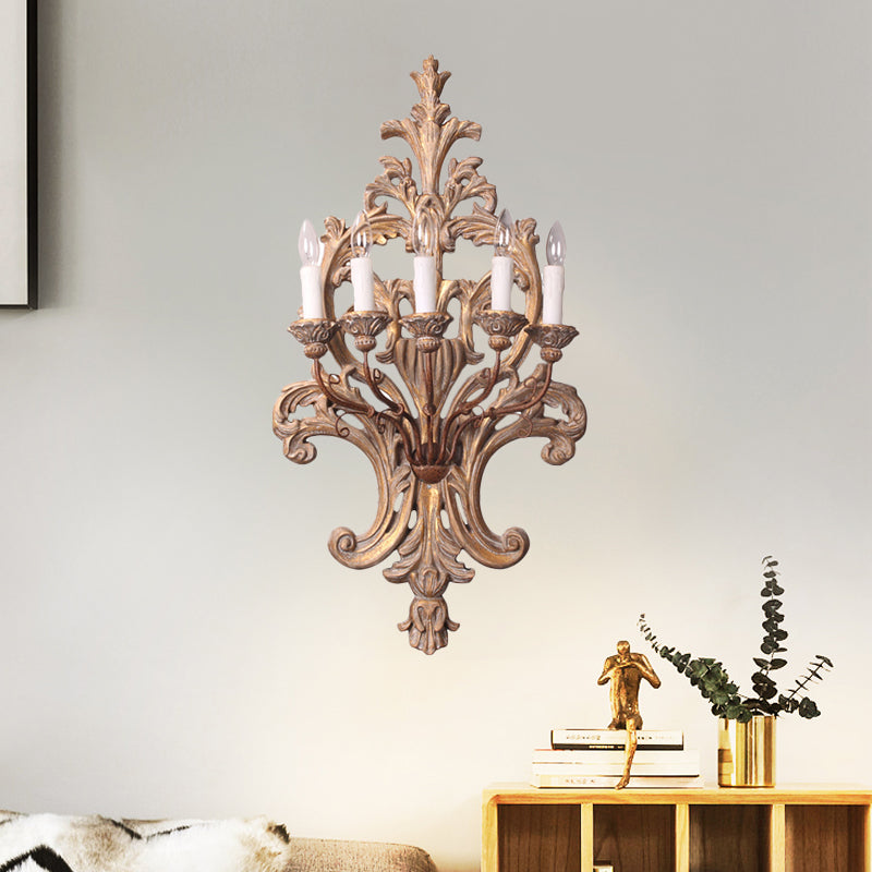 5 Lights Candle Sconce Light Vintage Wood Finish Metal Wall Mounted Light with Flower Grain Backplate