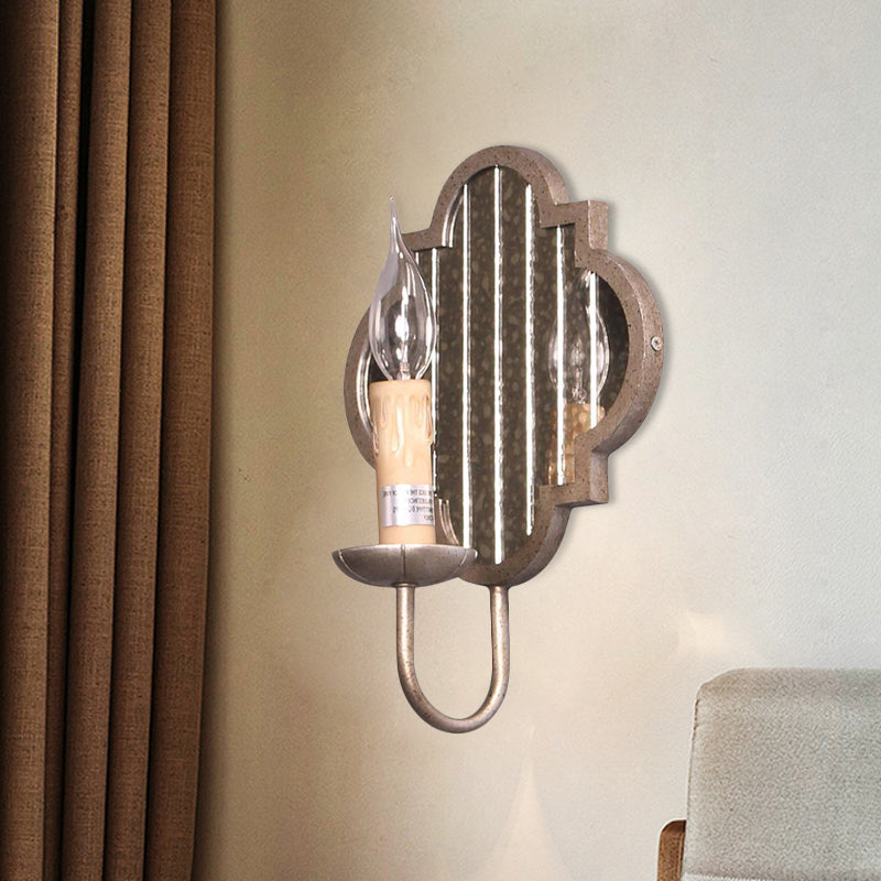 Candle Aged Silver Metal Wall Light Vintage 1 Light Corridor Sconce Light with Mirror Backplate