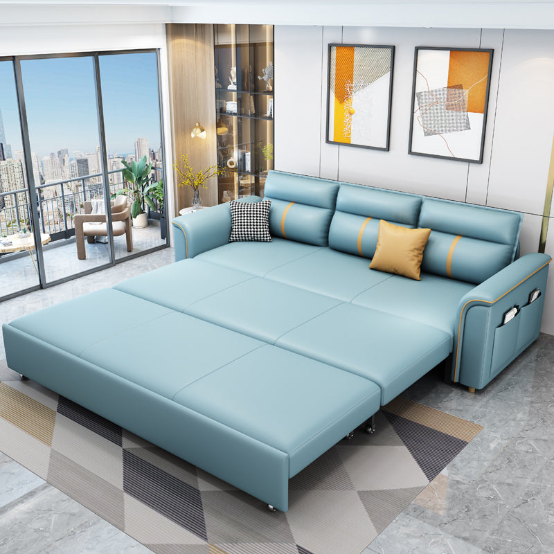 Square Arm Contemporary Convertible Faux Leather Bed Settee with Pillows