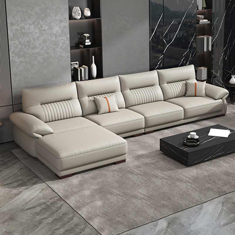 Contemporary Cream Stationary Grain Leather Square Arm Sofa & Chaise
