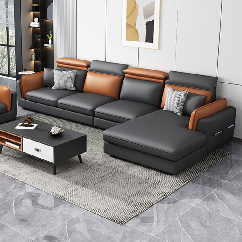 Scandinavian Dark Gray Cushion Back Faux Leather Storage Sofa & Chaise