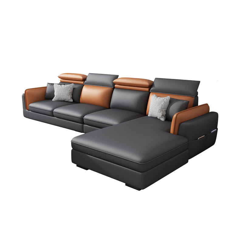 Scandinavian Dark Gray Cushion Back Faux Leather Storage Sofa & Chaise