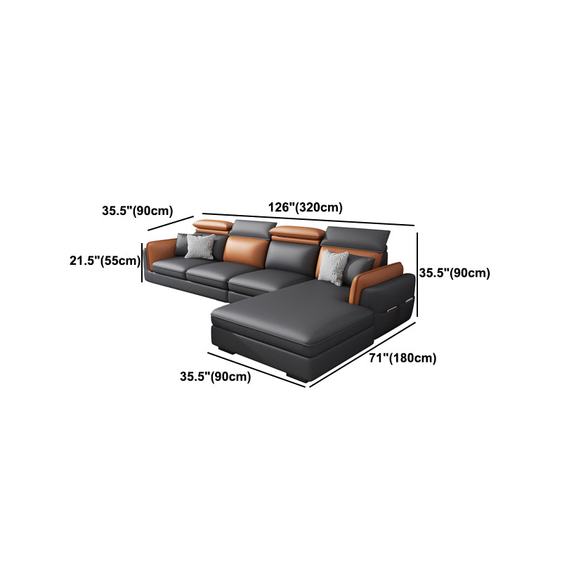 Scandinavian Dark Gray Cushion Back Faux Leather Storage Sofa & Chaise