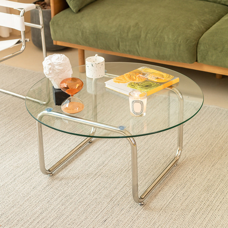 Modern Round Glass Coffee Table Stainsteel Sled Cocktail Table