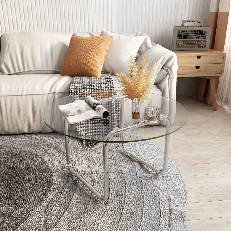 Modern Round Glass Coffee Table Stainsteel Sled Cocktail Table