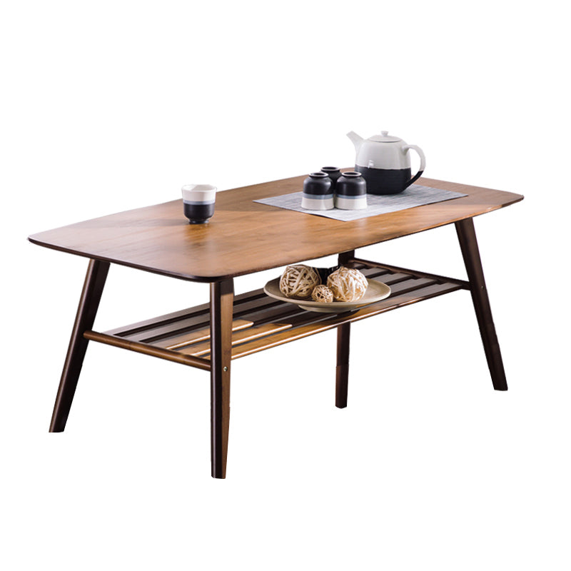 Nordic Style Rectangular Solid Wood Table 4 Legs Base with Storage Rack Coffee Table