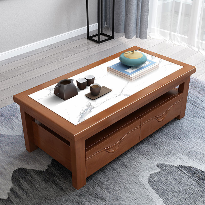 Modern Style Rectangular Solid Wood Table 4 Legs Base with Drawer Coffee Table