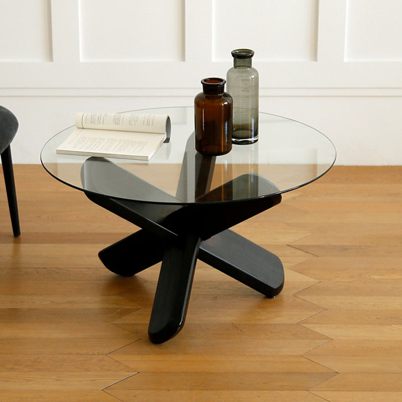 Modern Round Glass Coffee Table 17.7" H Cross Legs Cocktail Table