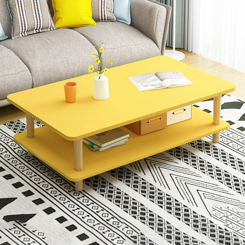 17" H Modern Rectangle Wooden Coffee Table 4 Legs Cocktail Table with Shelf