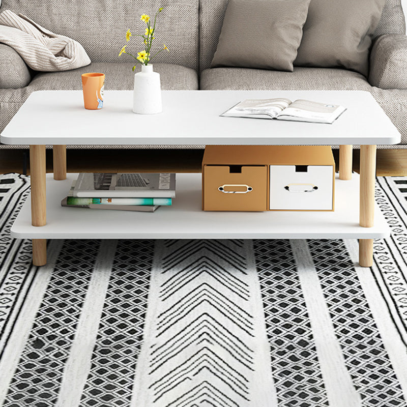 17" H Modern Rectangle Wooden Coffee Table 4 Legs Cocktail Table with Shelf