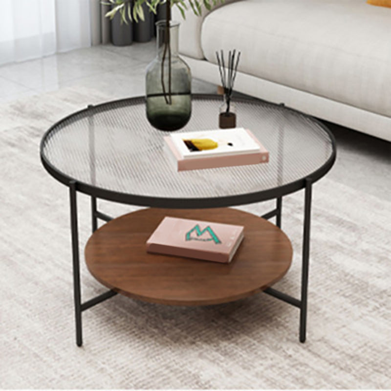 17.7" H Modern Round Glass Coffee Table Steel 4 Legs Cocktail Table with Shelf