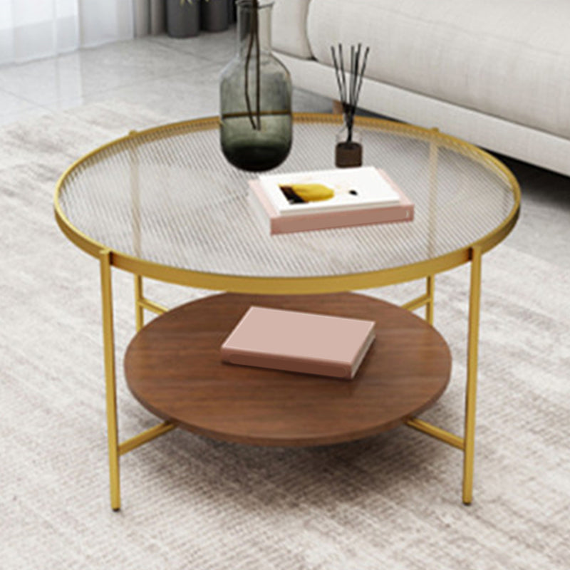 17.7" H Modern Round Glass Coffee Table Steel 4 Legs Cocktail Table with Shelf