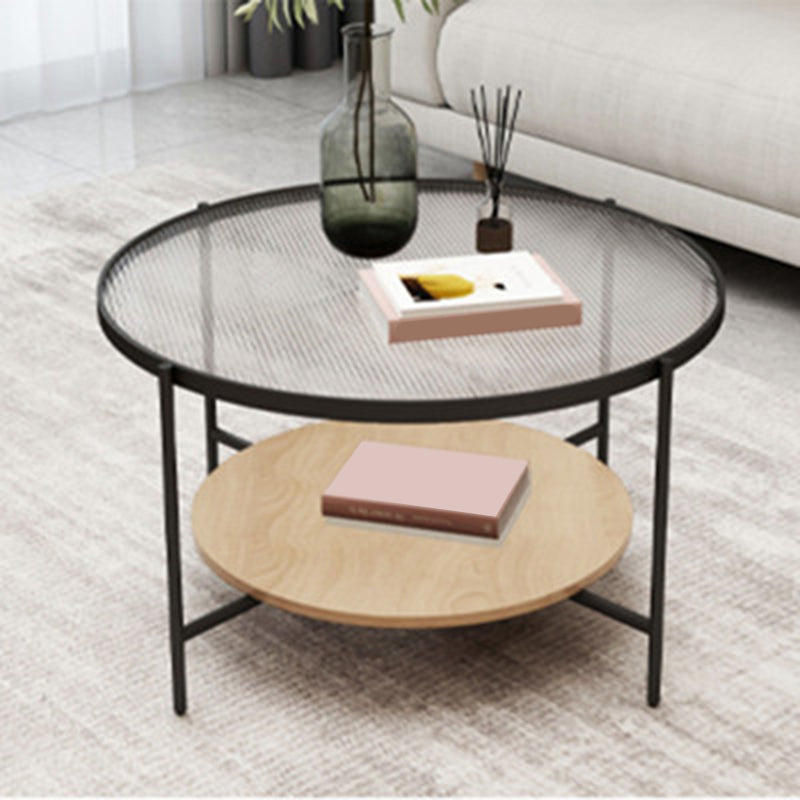 17.7" H Modern Round Glass Coffee Table Steel 4 Legs Cocktail Table with Shelf