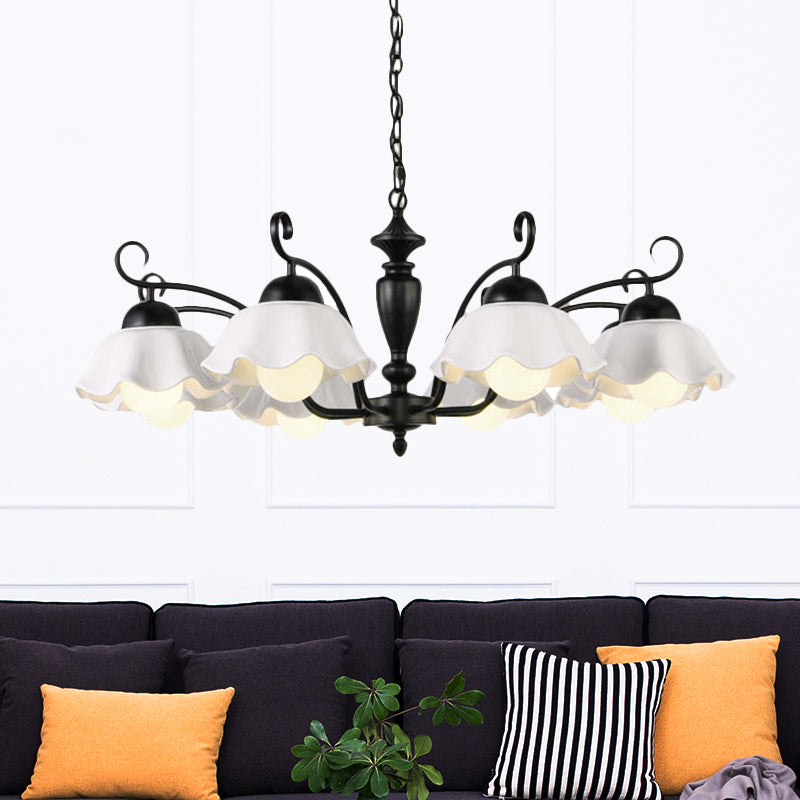 3/6/8 Bulbs Ceiling Lamp with Scalloped Shade Ceramic Traditional Dining Room Chandelier Pendant Light in Black