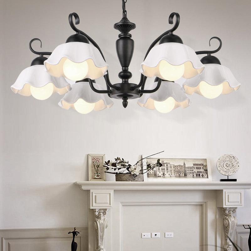 3/6/8 Bulbs Ceiling Lamp with Scalloped Shade Ceramic Traditional Dining Room Chandelier Pendant Light in Black