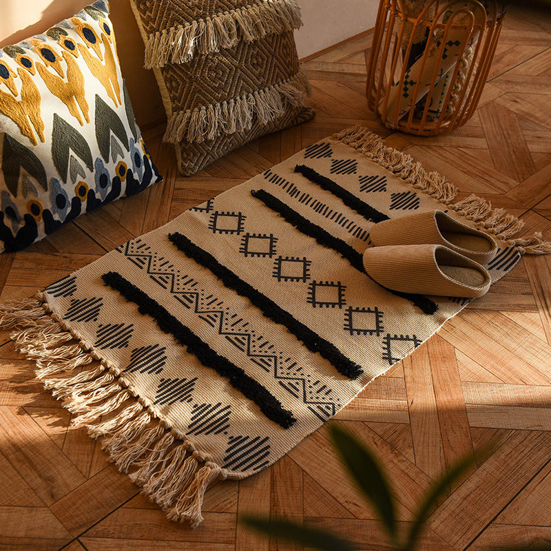 Retro Tribal Print Carpet Cotton Fringe Rug Washable Indoor Rug for Living Room