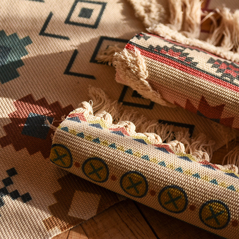 Retro Tribal Print Carpet Cotton Fringe Rug Washable Indoor Rug for Living Room
